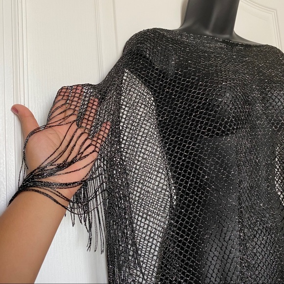 Black Open Weave Lurex Poncho - Picture 4 of 6